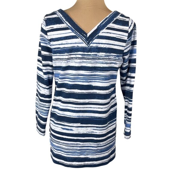 Chico's Zenergy Tunic Top V Neck Back Size Small (0) Blue White Stripe Knit - Picture 3 of 5